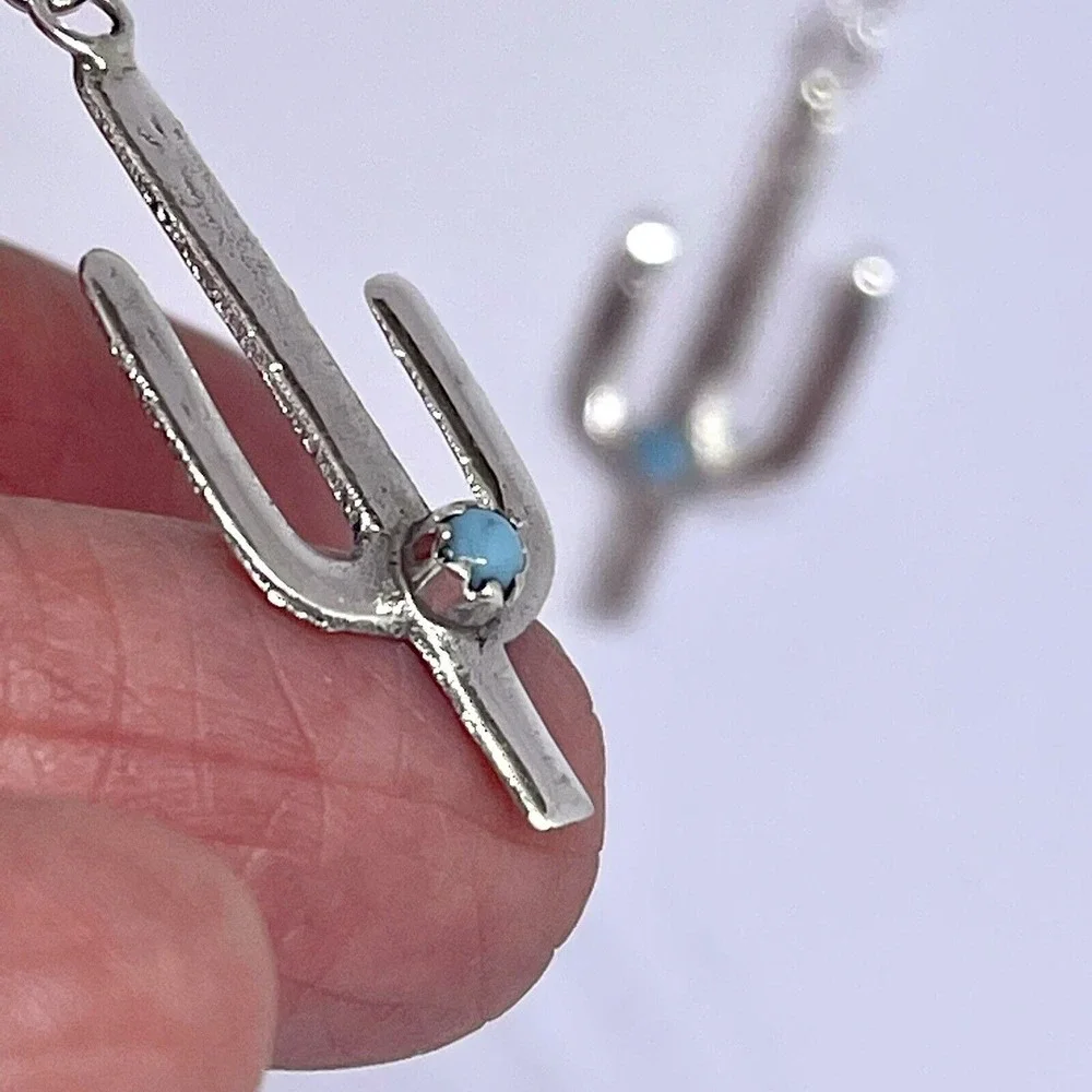 Navajo Saguaro Cactus Earrings Turquoise 2in Hook Snake Eye Native Amer Sterling